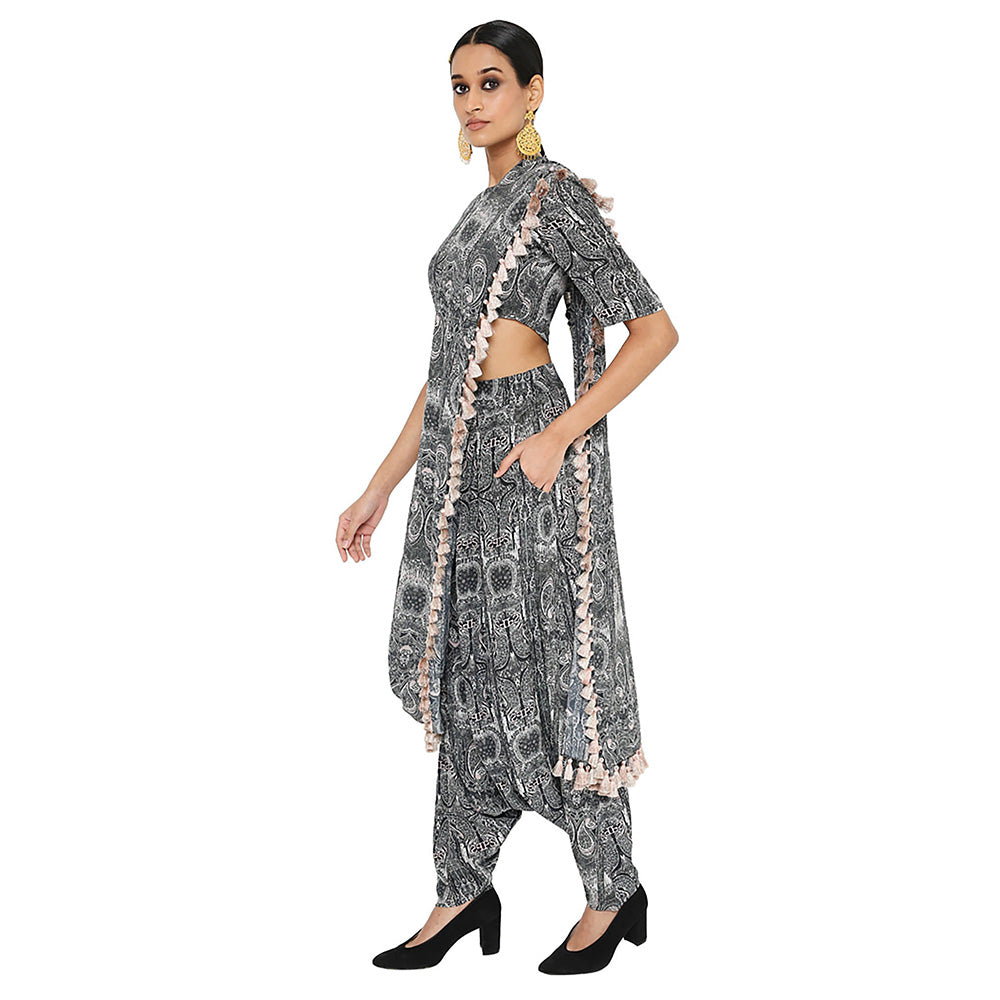 Payal Singhal Black Printed Crop Top and Dhoti with Attached Drape (Set of 2)