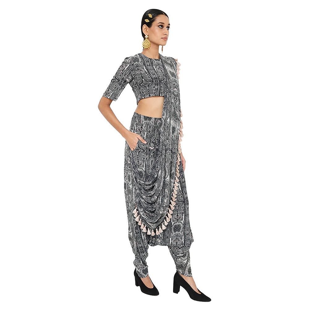 Payal Singhal Black Printed Crop Top and Dhoti with Attached Drape (Set of 2)