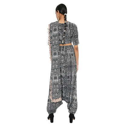 Payal Singhal Black Printed Crop Top and Dhoti with Attached Drape (Set of 2)