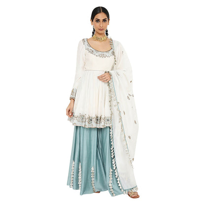 Payal Singhal Off White Short Anarkali with Sharara and Dupatta (Set of 3)