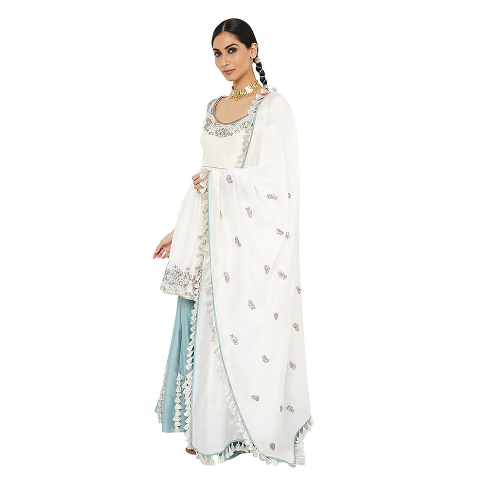 Payal Singhal Off White Short Anarkali with Sharara and Dupatta (Set of 3)