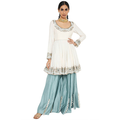 Payal Singhal Off White Short Anarkali with Sharara and Dupatta (Set of 3)