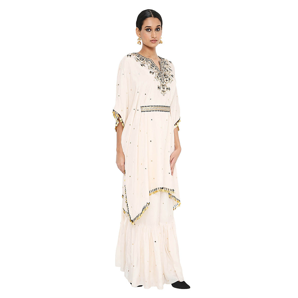 Payal Singhal Beige Embroidered Kaftan with Sharara and Belt (Set of 3)