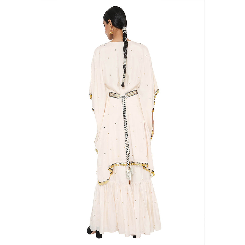 Payal Singhal Beige Embroidered Kaftan with Sharara and Belt (Set of 3)