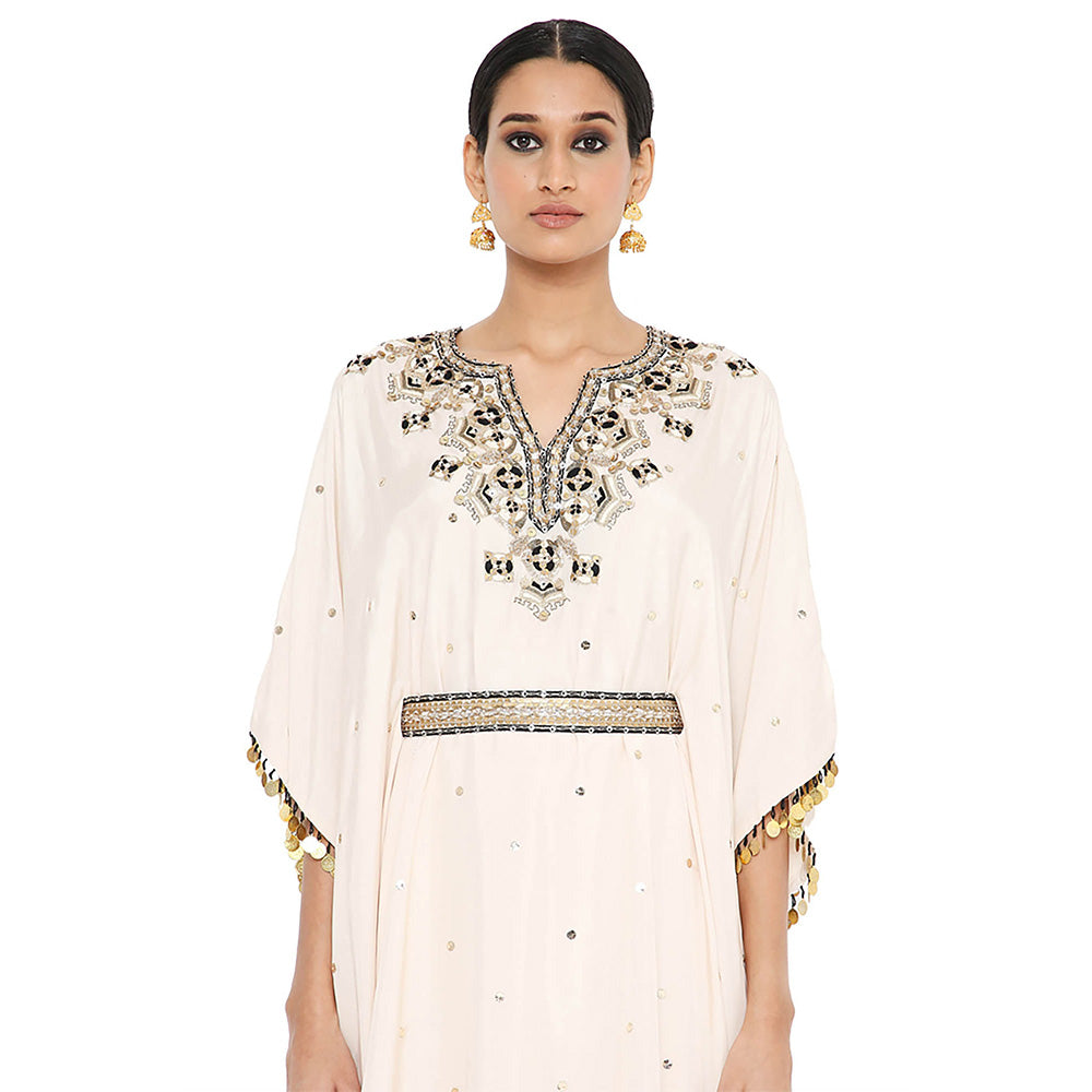 Payal Singhal Beige Embroidered Kaftan with Sharara and Belt (Set of 3)