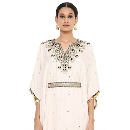 Payal Singhal Beige Embroidered Kaftan with Sharara and Belt (Set of 3)