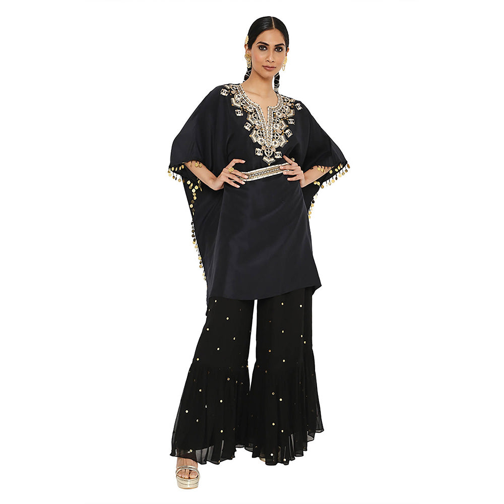 Payal Singhal Black Embroidered Kaftan with Sharara and Belt (Set of 2)