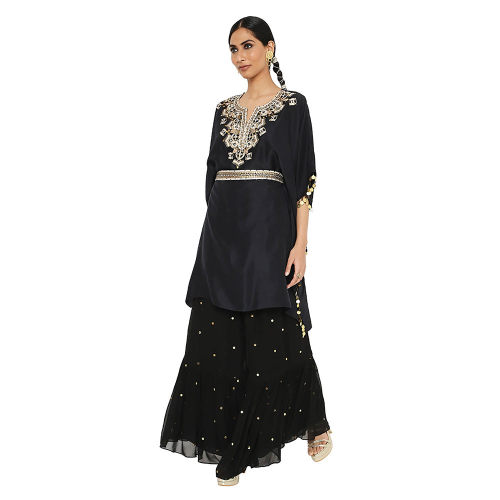 Payal Singhal Black Embroidered Kaftan with Sharara and Belt (Set of 2)