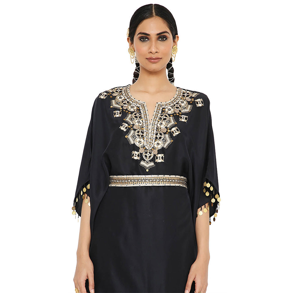 Payal Singhal Black Embroidered Kaftan with Sharara and Belt (Set of 2)