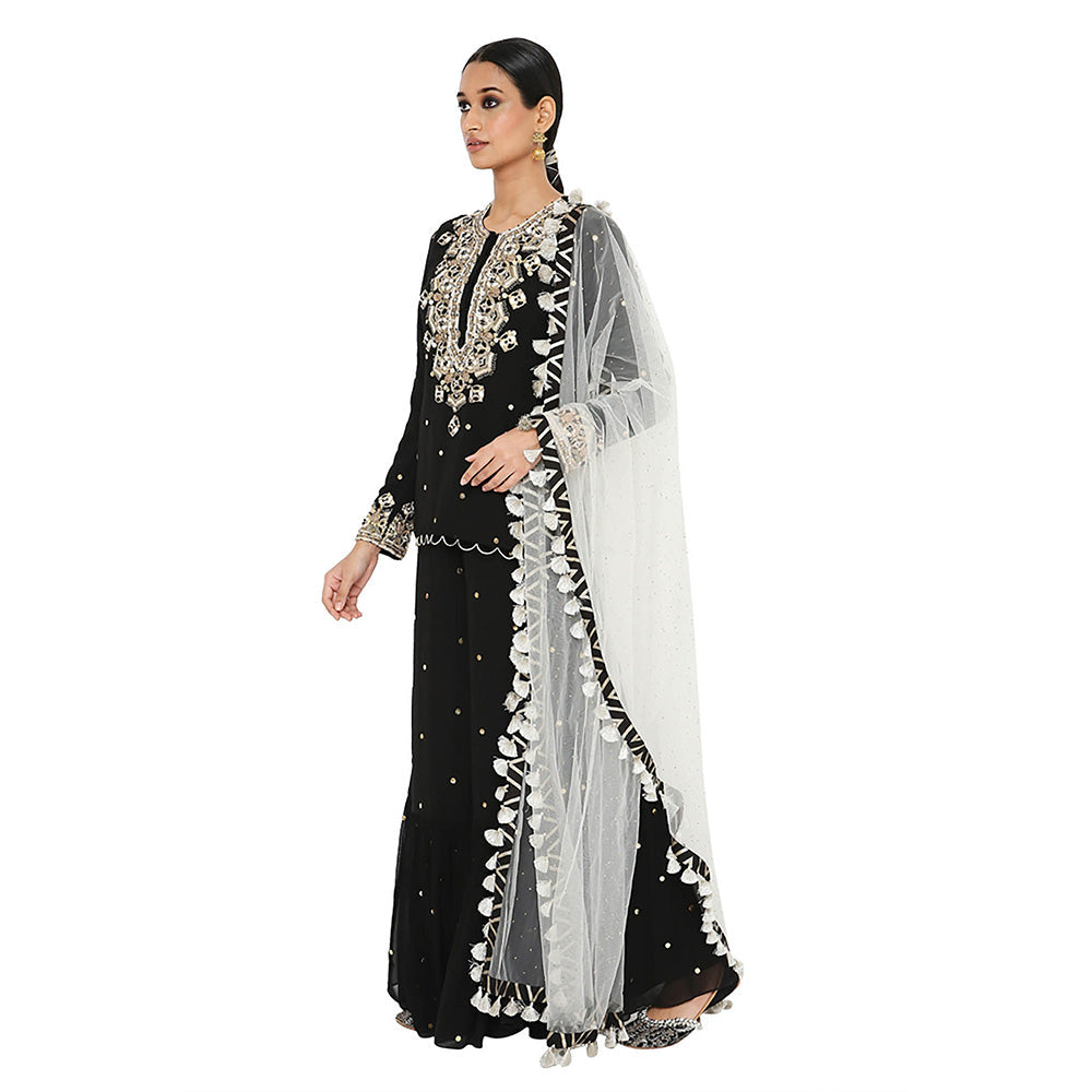 Payal Singhal Black Mukaish Short Kurta with Sharara and Dupatta (Set of 3)