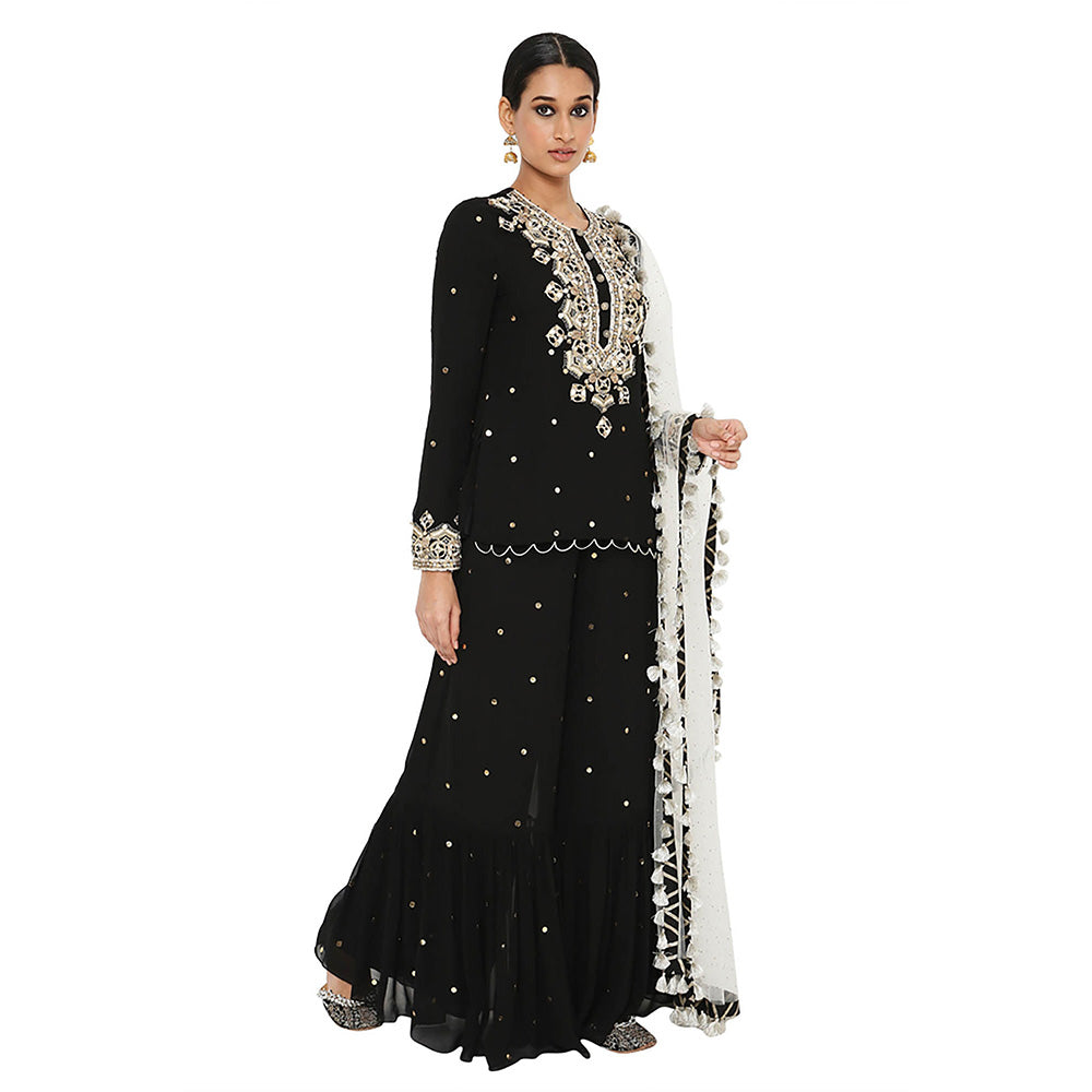 Payal Singhal Black Mukaish Short Kurta with Sharara and Dupatta (Set of 3)