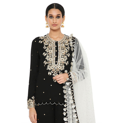 Payal Singhal Black Mukaish Short Kurta with Sharara and Dupatta (Set of 3)