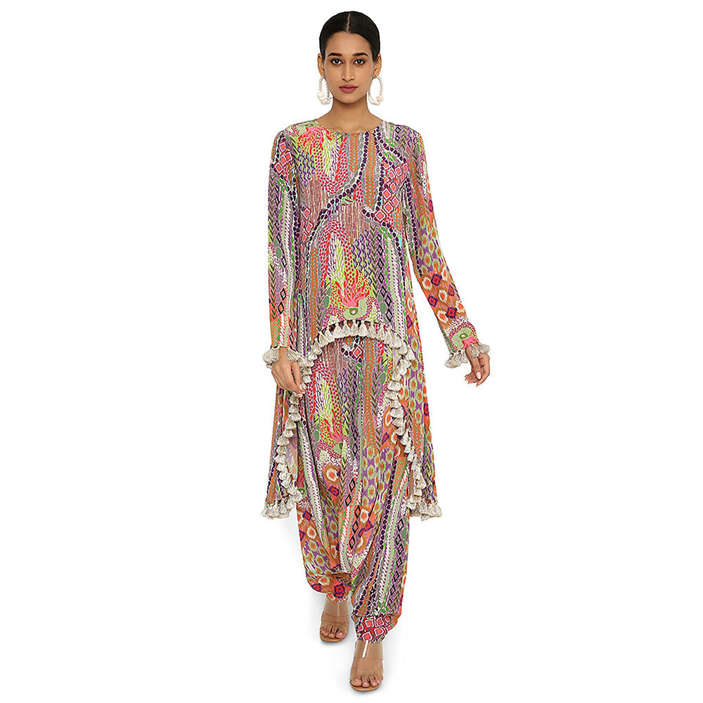 Payal Singhal Multi-Colour Print Crepe High Low Kurta with Dhoti (Set of 2)