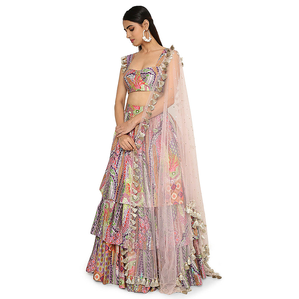 Payal Singhal Multi-Colour Print Blouse with Ruffled Skirt and Dupatta (Set of 3)