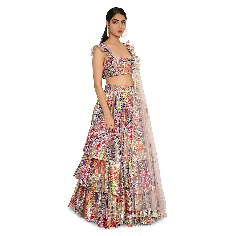 Payal Singhal Multi-Colour Print Blouse with Ruffled Skirt and Dupatta (Set of 3)