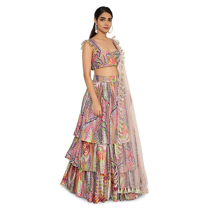 Payal Singhal Multi-Colour Print Blouse with Ruffled Skirt and Dupatta (Set of 3)