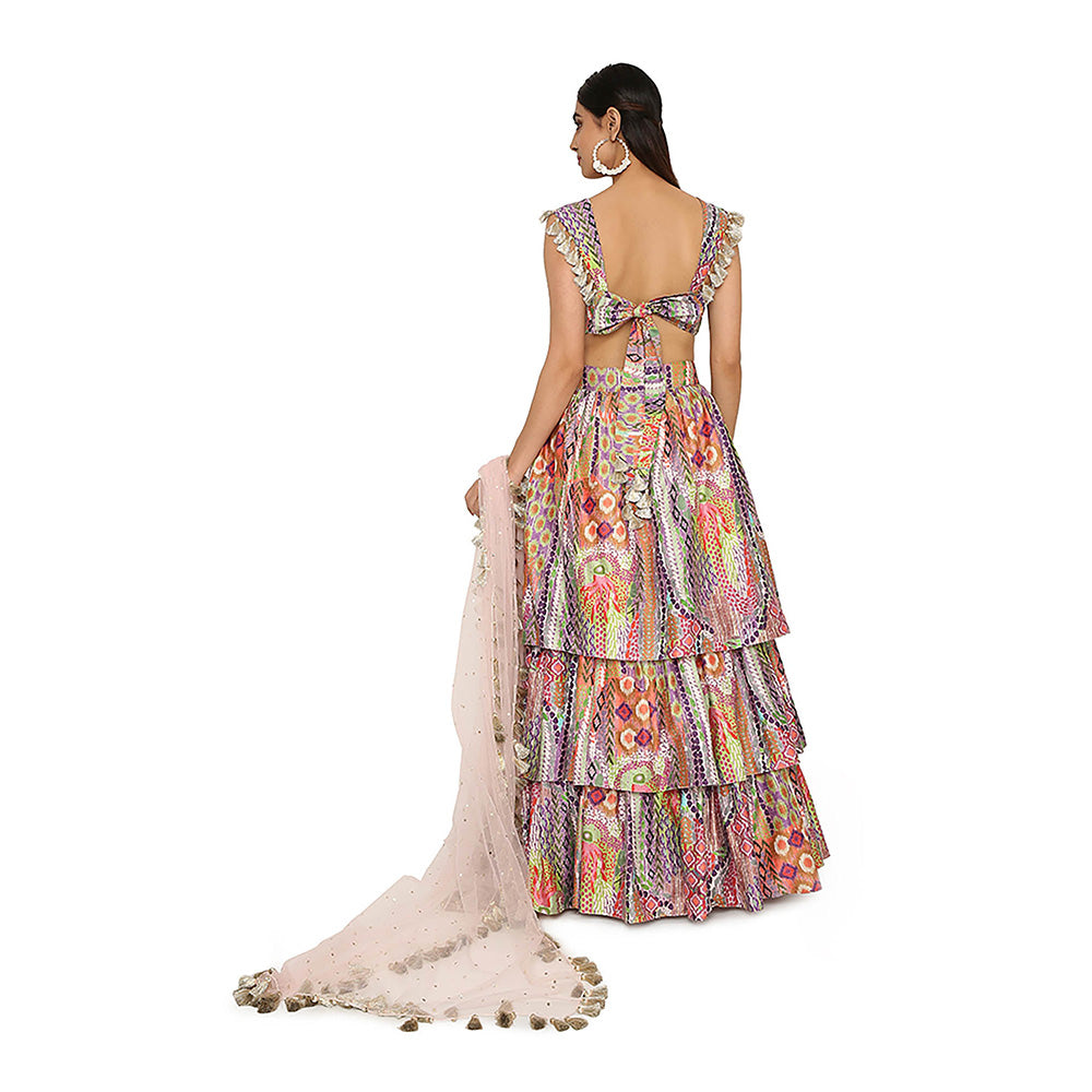 Payal Singhal Multi-Colour Print Blouse with Ruffled Skirt and Dupatta (Set of 3)