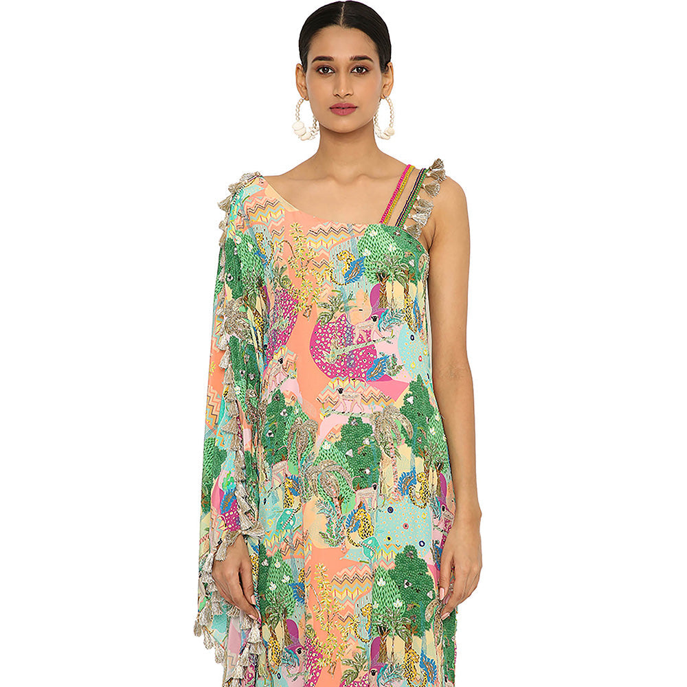 Payal Singhal Green Print Embroidered Kaftan with Pant (Set of 2)