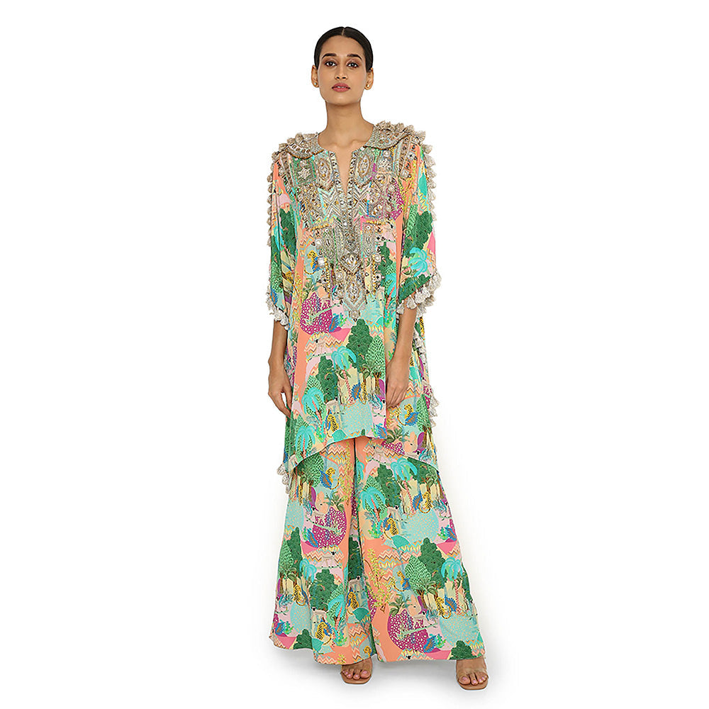Payal Singhal Green Print Embroidered Kaftan with Palazzo (Set of 2)