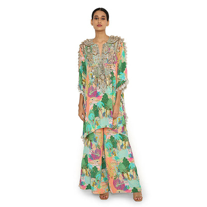 Payal Singhal Green Print Embroidered Kaftan with Palazzo (Set of 2)