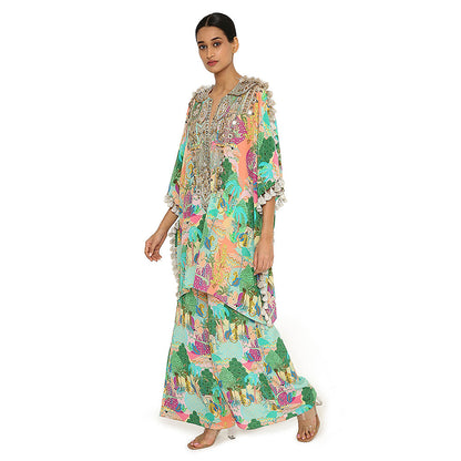 Payal Singhal Green Print Embroidered Kaftan with Palazzo (Set of 2)
