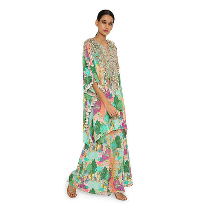 Payal Singhal Green Print Embroidered Kaftan with Palazzo (Set of 2)