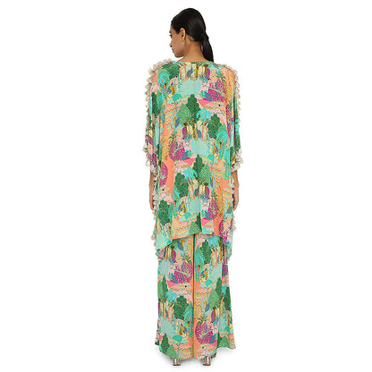 Payal Singhal Green Print Embroidered Kaftan with Palazzo (Set of 2)