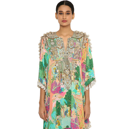 Payal Singhal Green Print Embroidered Kaftan with Palazzo (Set of 2)