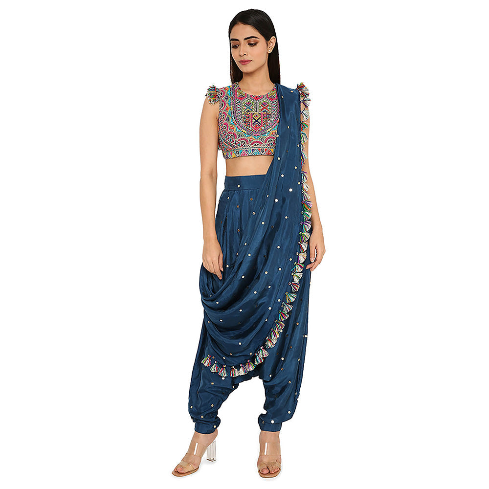 Payal Singhal Blue Embroidered Crop Top with Dhoti with Attached Drape (Set of 2)