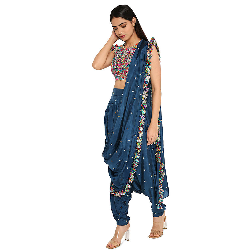 Payal Singhal Blue Embroidered Crop Top with Dhoti with Attached Drape (Set of 2)