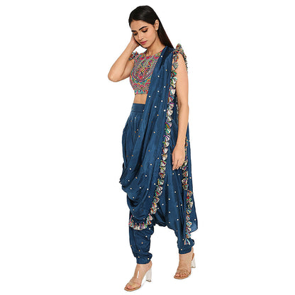 Payal Singhal Blue Embroidered Crop Top with Dhoti with Attached Drape (Set of 2)