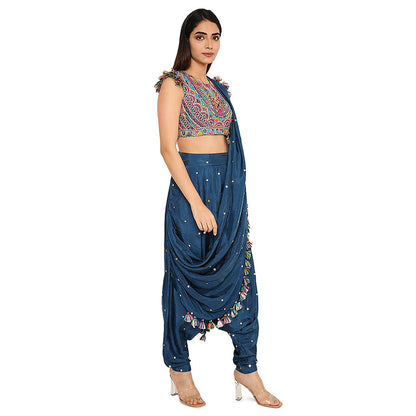 Payal Singhal Blue Embroidered Crop Top with Dhoti with Attached Drape (Set of 2)