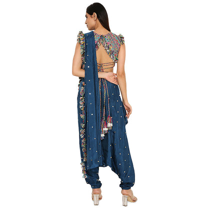 Payal Singhal Blue Embroidered Crop Top with Dhoti with Attached Drape (Set of 2)