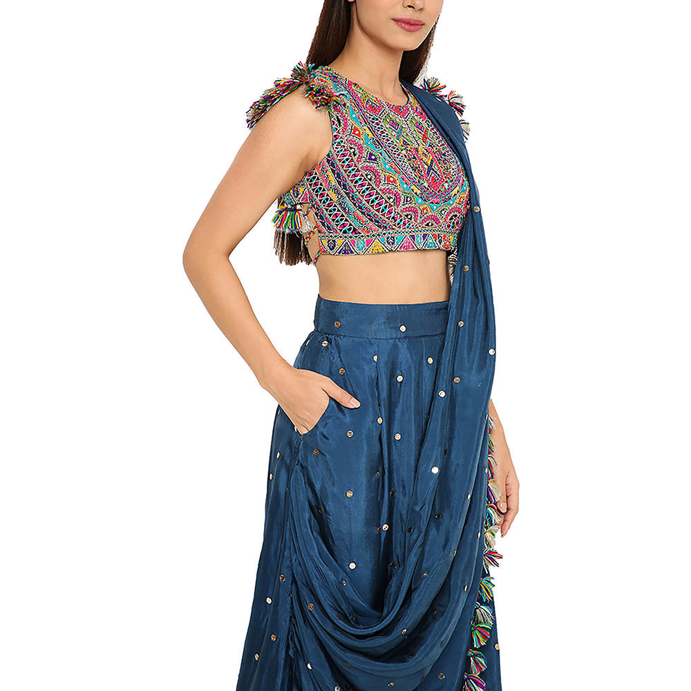 Payal Singhal Blue Embroidered Crop Top with Dhoti with Attached Drape (Set of 2)