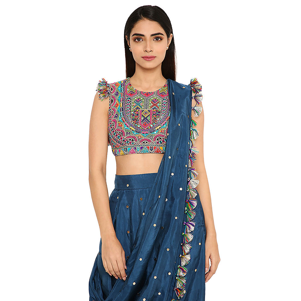Payal Singhal Blue Embroidered Crop Top with Dhoti with Attached Drape (Set of 2)