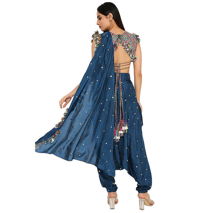 Payal Singhal Blue Embroidered Crop Top with Dhoti with Attached Drape (Set of 2)
