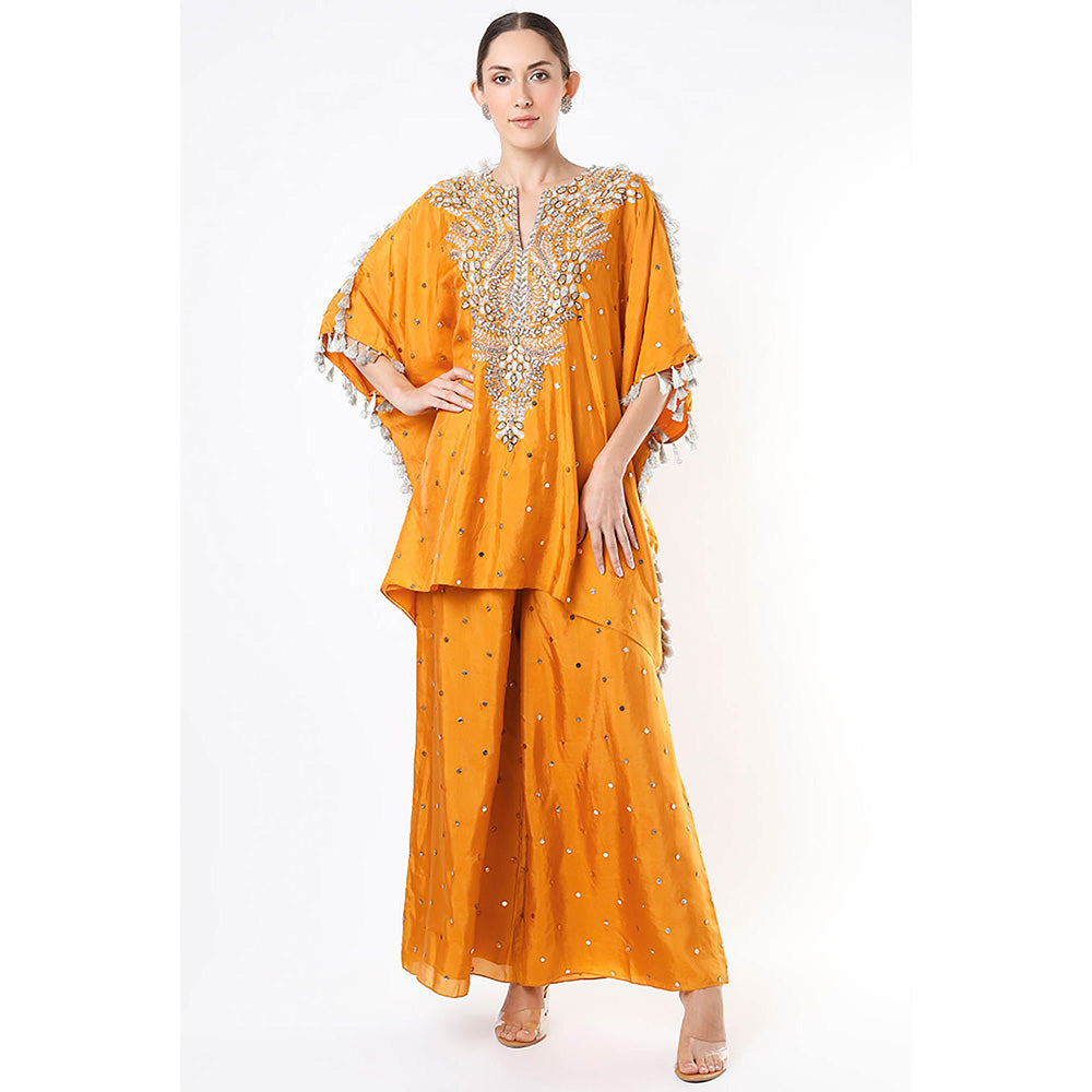 Payal Singhal Mustard Mukaish Kaftan with Palazzo (Set of 2)