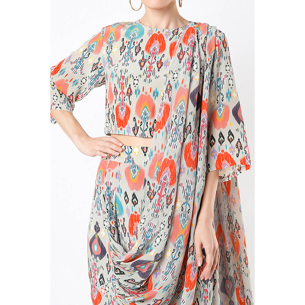 Payal Singhal Multi-Colour Print Crop Top and Dhoti with Attached Drape (Set of 2)