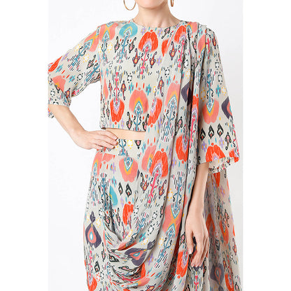 Payal Singhal Multi-Colour Print Crop Top and Dhoti with Attached Drape (Set of 2)