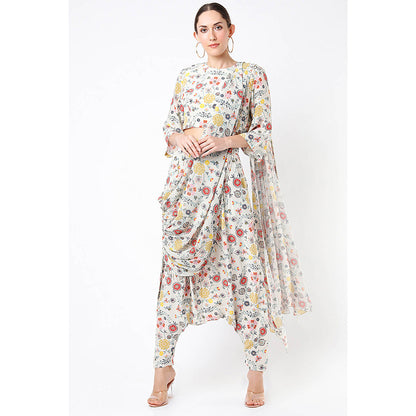 Payal Singhal Cream Print Crop Top and Dhoti with Attached Drape (Set of 2)