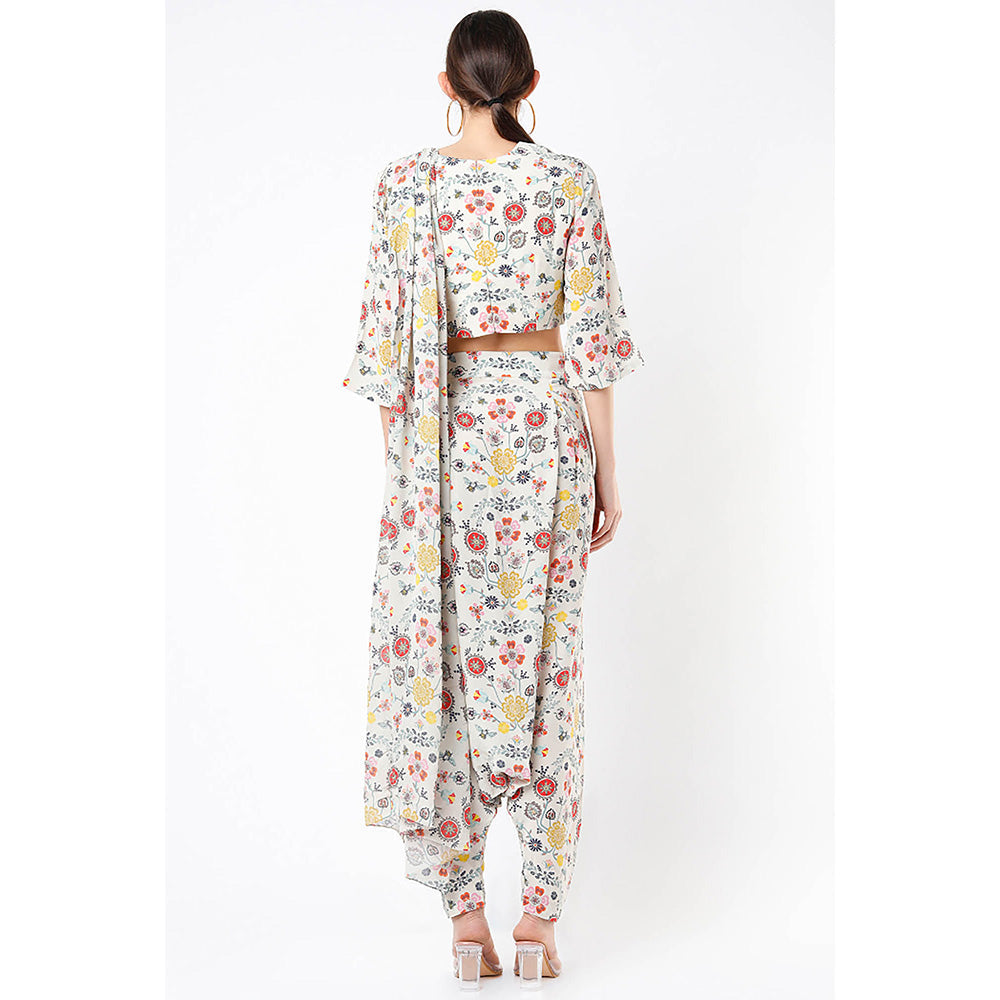 Payal Singhal Cream Print Crop Top and Dhoti with Attached Drape (Set of 2)