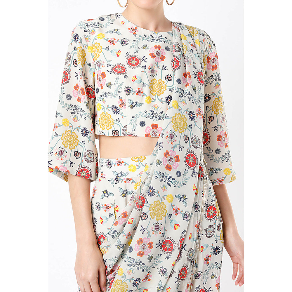 Payal Singhal Cream Print Crop Top and Dhoti with Attached Drape (Set of 2)