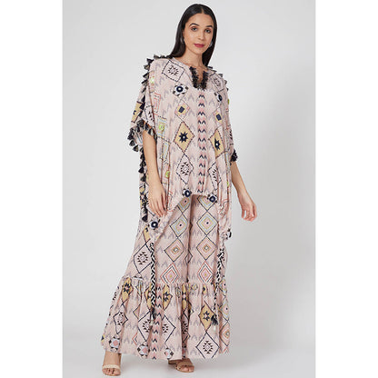 Payal Singhal Beige Printed High Low Kaftan with Palazzo (Set of 2)