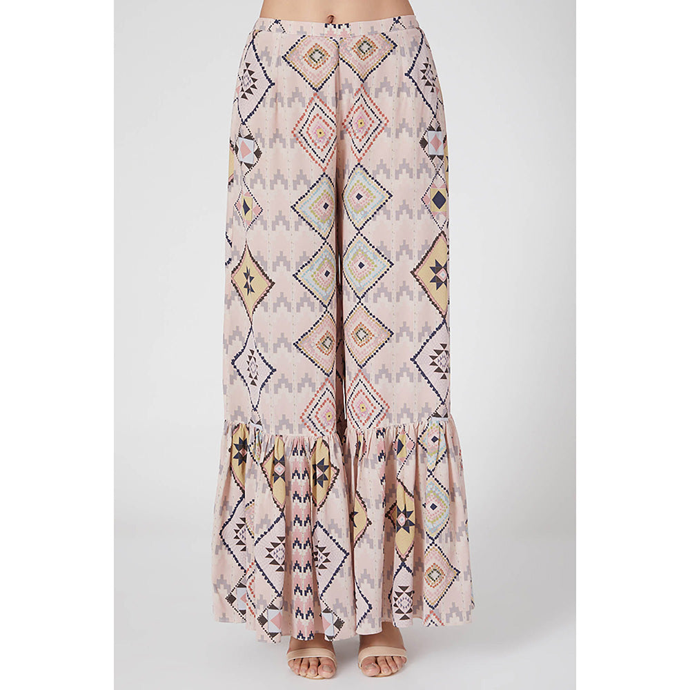 Payal Singhal Beige Printed High Low Kaftan with Palazzo (Set of 2)