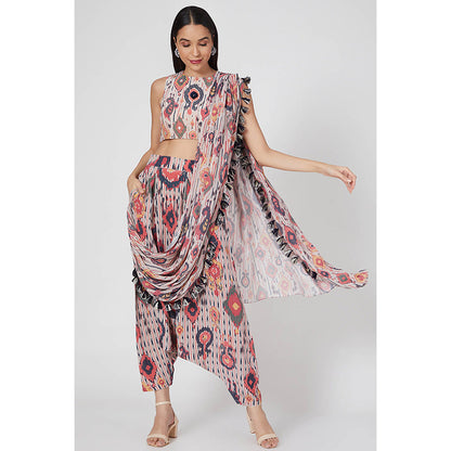 Payal Singhal Multi-Colour Printed Crop Top and Dhoti with Attached Drape (Set of 2)