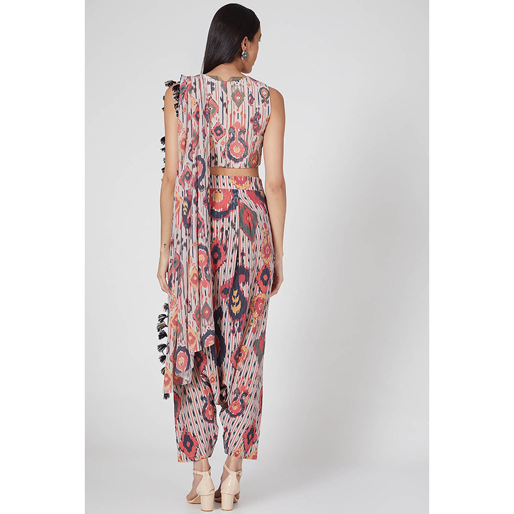 Payal Singhal Multi-Colour Printed Crop Top and Dhoti with Attached Drape (Set of 2)