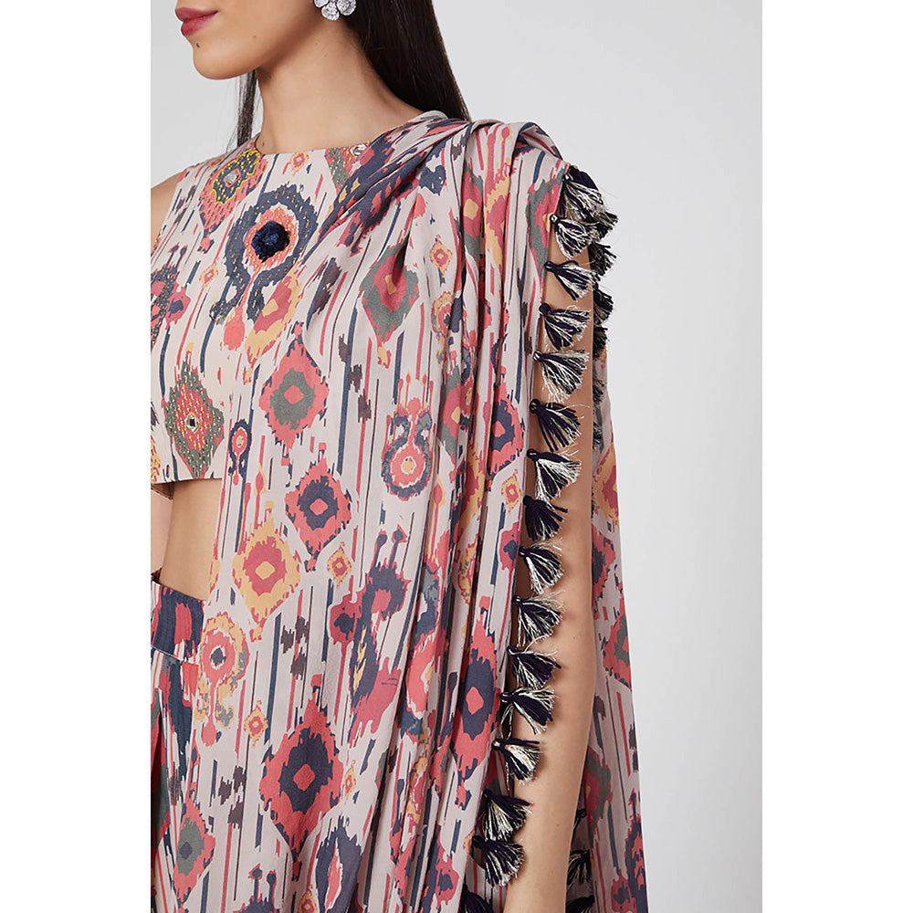 Payal Singhal Multi-Colour Printed Crop Top and Dhoti with Attached Drape (Set of 2)