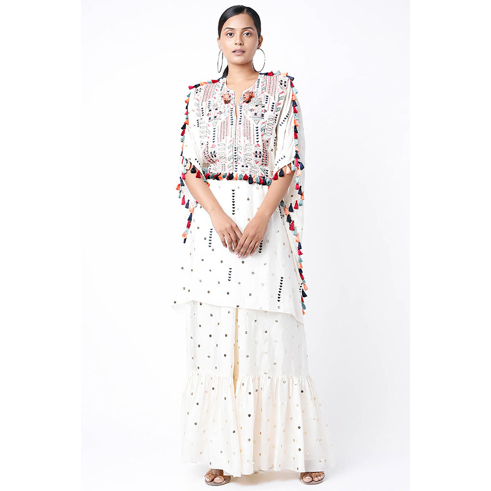 Payal Singhal White Kaftan with Belt and Palazzo (Set of 3)