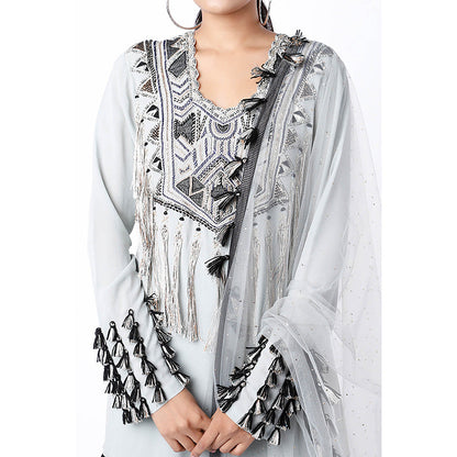 Payal Singhal Blue Embroidered Kurta with Sharara and Dupatta (Set of 3)