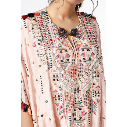 Payal Singhal Rose Pink Mukaish Embroidered Kaftan and Pant (Set of 2)